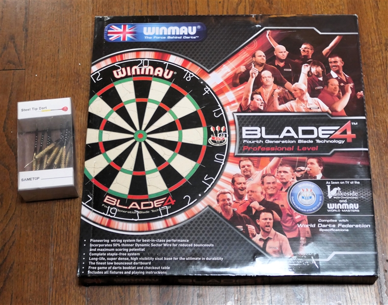 "Blade 4" Professional Level Dart Board by Winmau in Original Box and  Set of Steel Darts 