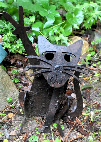 Handmade Iron Garden Cat Statue - Measures 12" Tall 