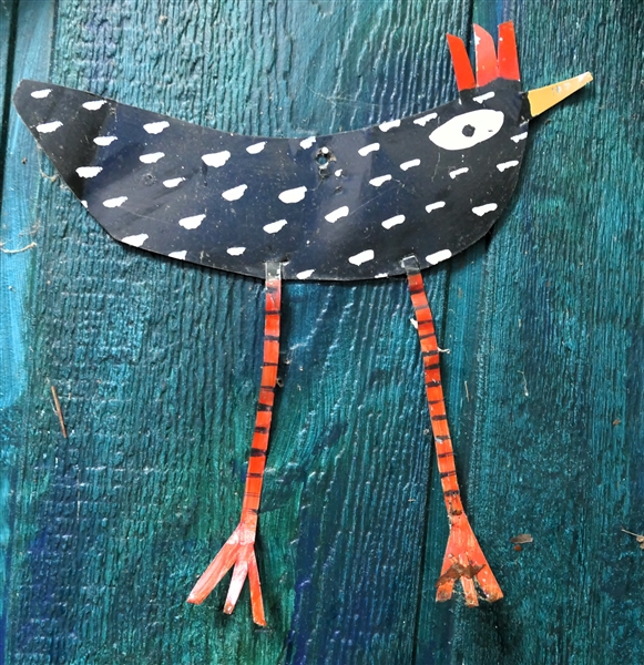 Handpainted Metal Folk Art Chicken Measuring 10" Tall 