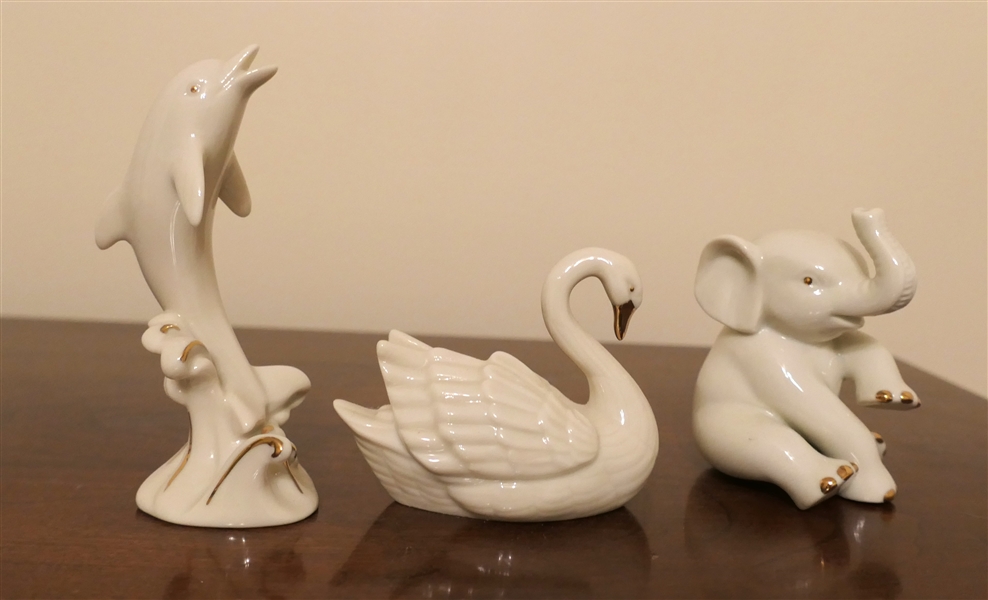 3 Lenox Animal Figures - Elephant, Dolphin, and Swan - Dolphin Measures 4" Tall 