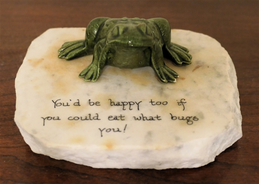 Stone and Ceramic Frog Poem Paperweight "Youd be happy too if you could eat what bugs you" 