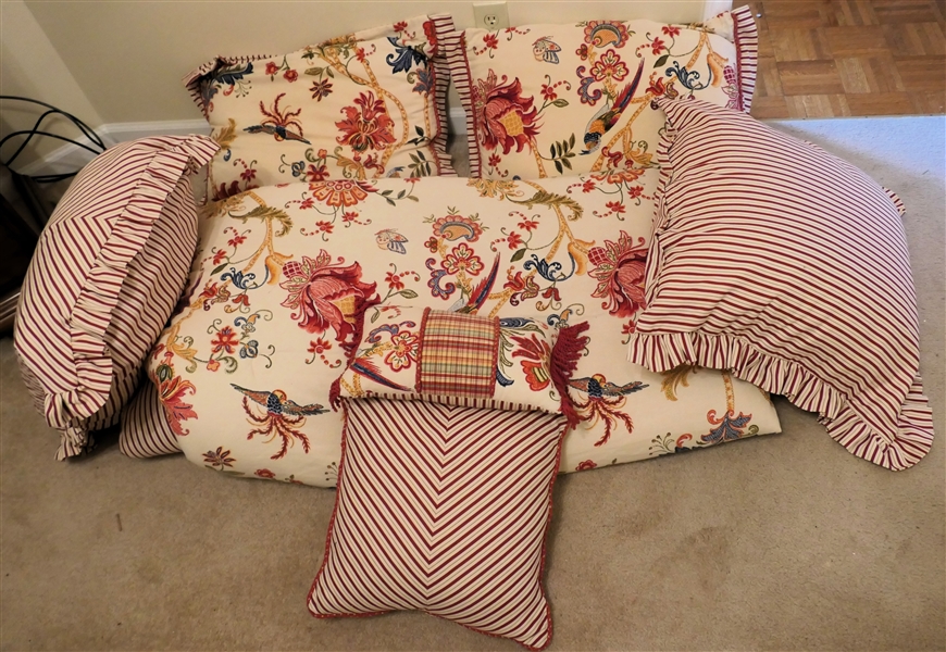 Nice Quality Full Size Bedding Set - Comforter, Shams, Euro Shams, and Throw Pillows - Cream and Red with Florals and Flying Birds