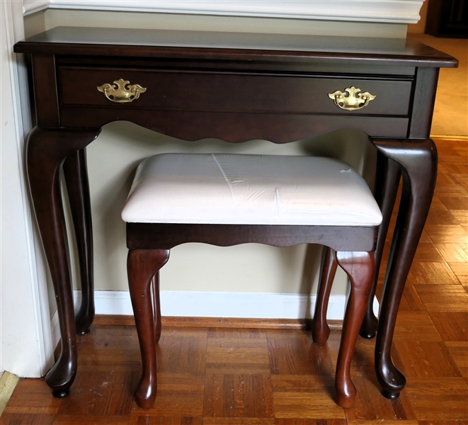 Queen Anne Style Mahogany Narrow Table and Bombay Stool - Table Has Single Drawer - Measures 29" tall 31" by 12"