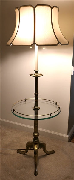 Very Nice Heavy Stiffel Brass Table / Floor Lamp - 2 Lights Over Glass Table with Brass Gallery - Slipper Feet - Lamp Measures 54" Tall 