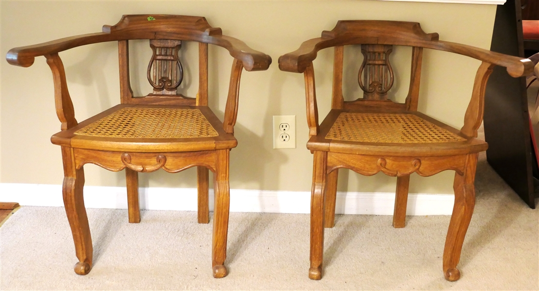 Pair of Petit Mahogany Harp Back Chairs with Nice Cane Bottom - One Chair Has Small Repaired  Area on Back  - Chairs Measures 27 3/4" tall 