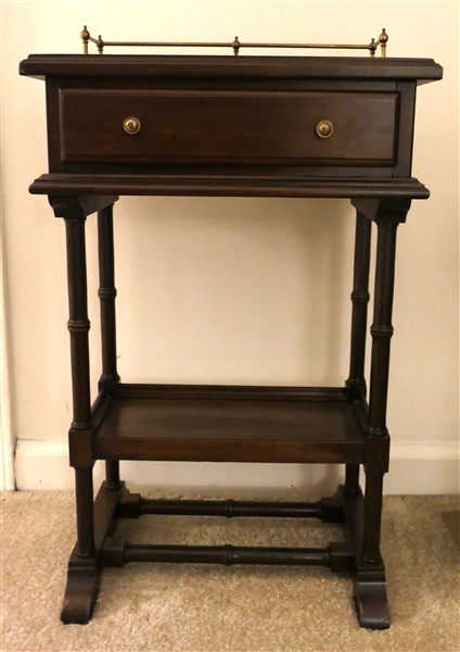 Small Ethan Allen Mahogany Stand with Brass Gallery Single Drawer Over Tray Shelf - Table / Stand Measures 22" Tall (Not Including Gallery) 15" by 10" 