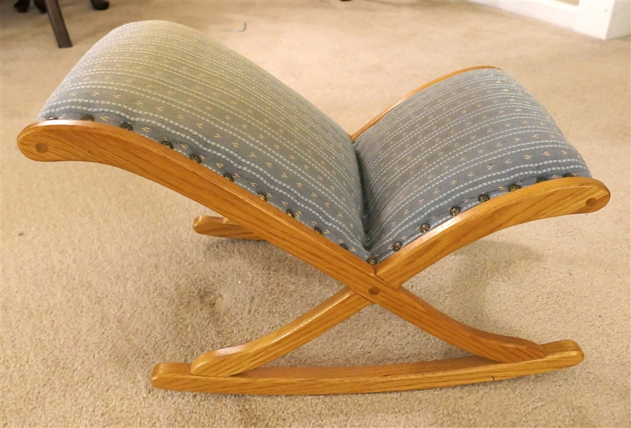 Oak Rocking Stool - Clean Blue Upholstery with Nail Head Trim - Measures 14" tall 21" by 13"