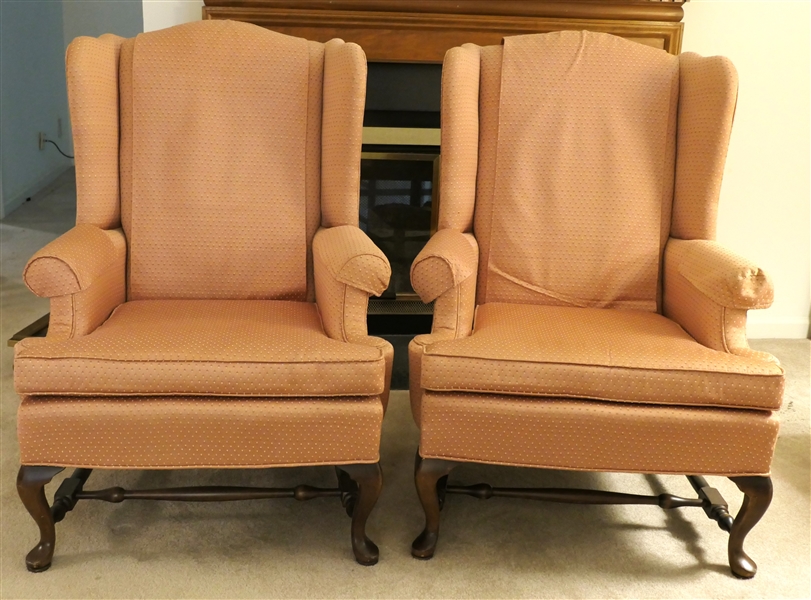 Pair of Nice Clean Ethan Allen Wing Back Chairs - Mauve Pink Upholstery with Back and Arm Rest Covers - Queen Anne Style Padded Feet - Stretcher Bases 