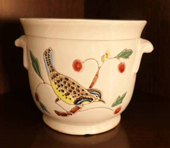 Made in Italy Small Double Handled Planter / Urn with Bird and Berries - Measures 4 3/4" Tall 5 3/4" Across