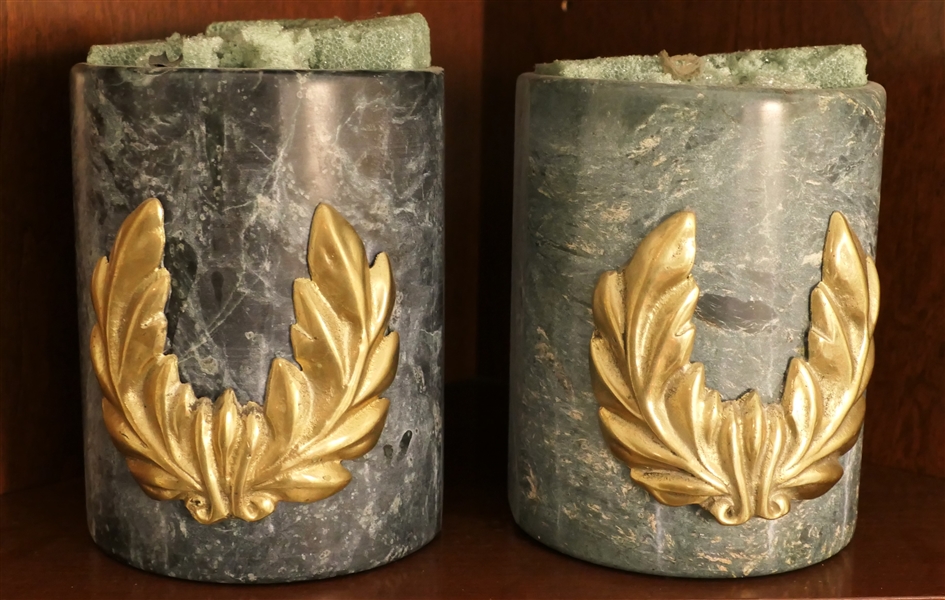 Pair of Green Marble Vessels with Applied Brass Wreathes - Each Measures 6" tall 4 1/2" Across