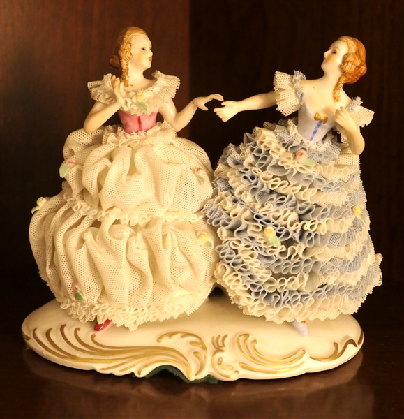 MZ Ireland Porcelain Figure with Dancing Ladies - Porcelain Lace on Both Dresses - Figure Measures 5 3/4" Tall 6" across