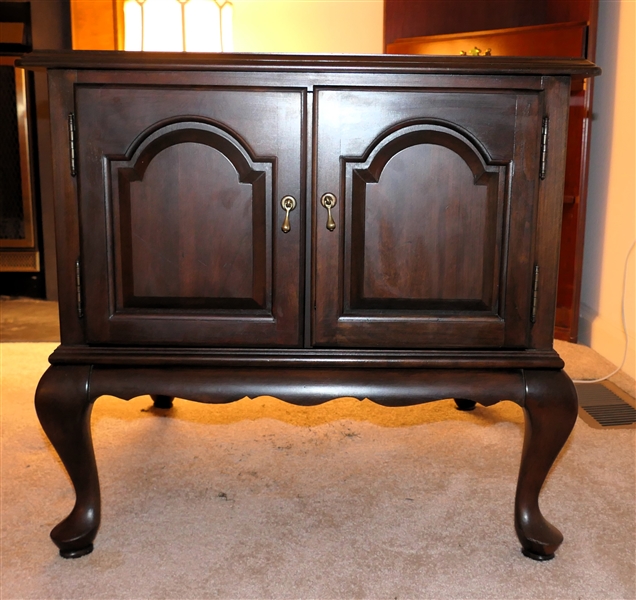 Mahogany Finish End Table Cabinet with Paneled Doors - Queen Anne Style Feet - Measures 23" tall 23" by 23" 