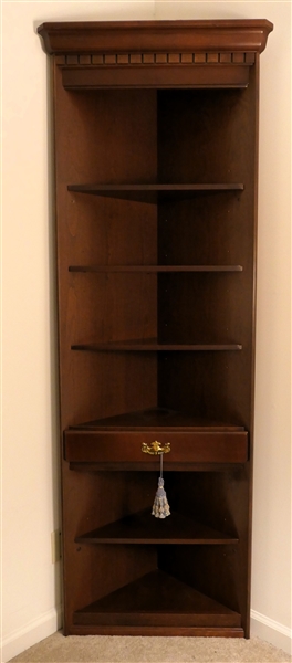 Mahogany Finish Corner Shelf with Single Drop Front Drawer - Dentil Molding At Top - Measures 78" tall 25" by 13" 