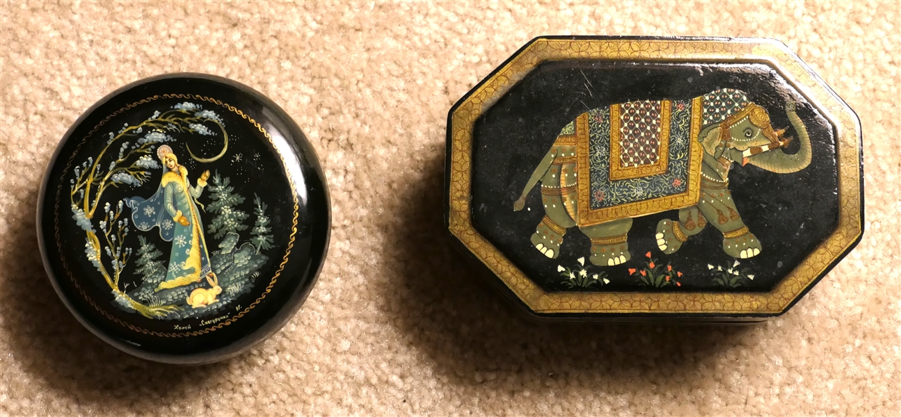 2 Black Lacquer Boxes - Round Russian - Signed by the Artist - Measures 3" Across - Certificate Of Authenticity From the Russian Museum Collection Inside and Octagon Shaped with Elephant Measuring...