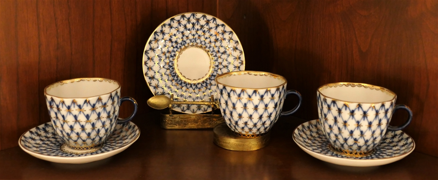 3 Blue and White Cup & Saucer Sets - Made in The USSR and 1 Brass Cup and Saucer Stand with Brass Spoon 