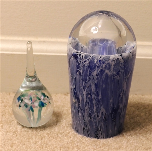 Tear Drop Shaped Art Glass Paperweight and Cobalt Blue and White Art Glass Vase - Paperweight Measures 4" tall 