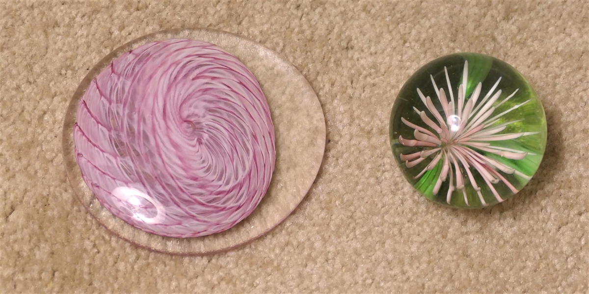 2 Art Glass Paperweights - Ball Shaped with Flower Measures 2" Tall and Flat Round Measures 4" Across