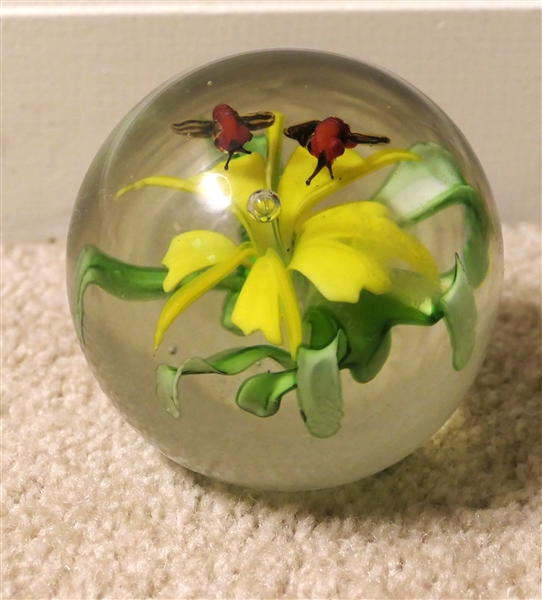 Larger Art Glass Paperweight with Yellow Flower and Insects - Measures 2 1/2" Tall 