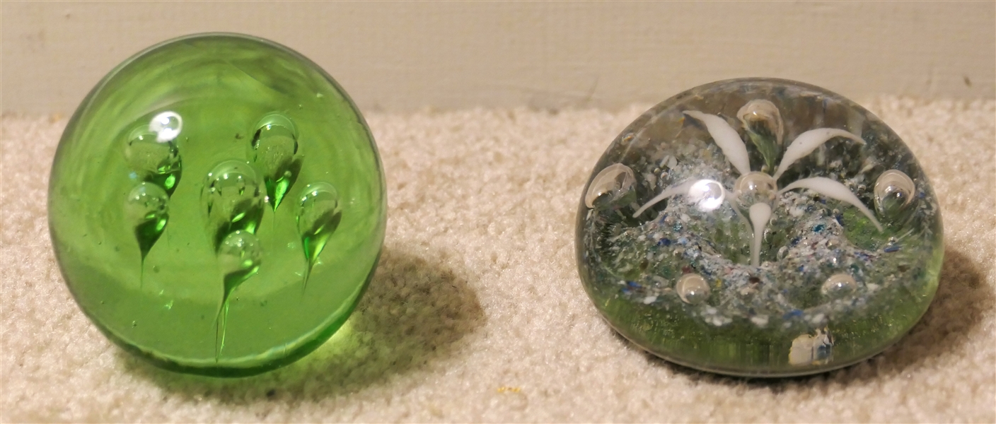 2 Green Art Glass Paperweights - Green with White Flower Measures 1 3/4" tall 3" Across