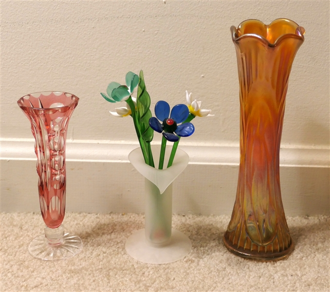 3 - Glass Bud Vases - Carnival Glass, Cranberry Cut To Clear, and Satin Jack in the Pulpit Vase with Glass Flowers - Marigold Carnival Vase Measures 8