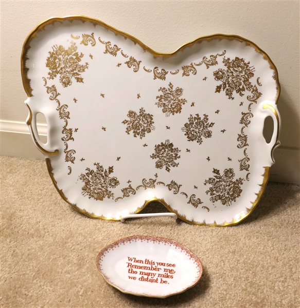 Large White and Gold Hand Painted Tray - Made in France and Mottahedeh "Williamsburg Reserve Collection" Dish with Poem - Tray Measures 16" by 12" 