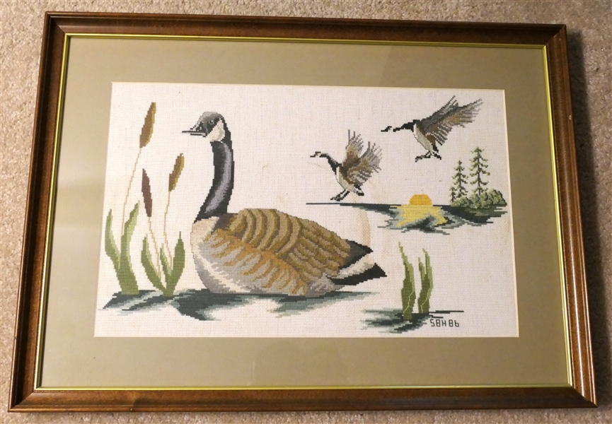 Hand Stitched Needlework Geese - Framed and Matted - Signed SBH 86 - Frame Measures 14 1/2" by 20" 