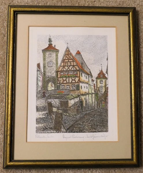 Pencil Signed European Etching - Framed and Matted - Frame Measures 10" by 8 1/4" 