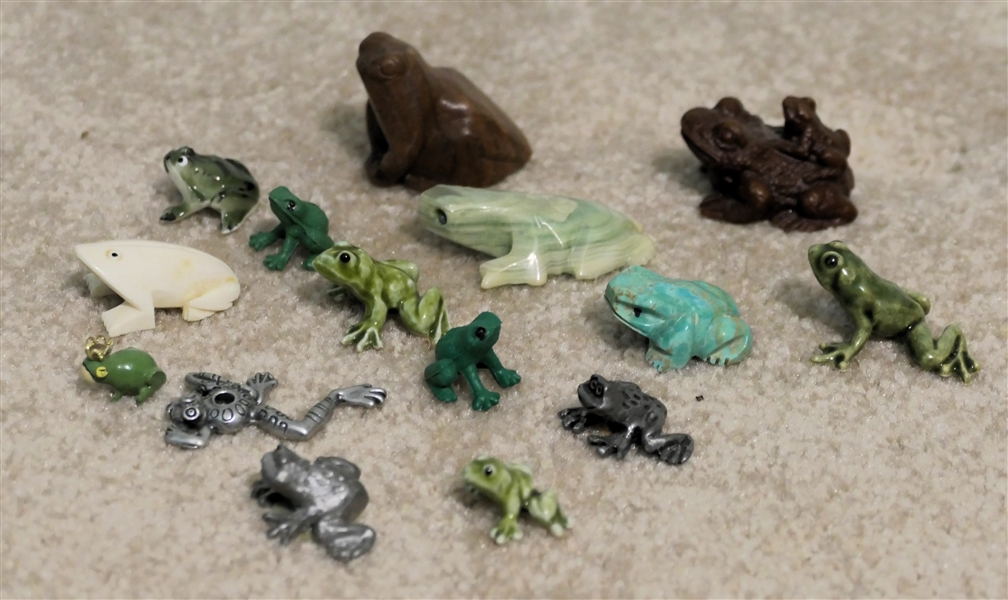 Collection of Frog Figures including Bone, Stone, Turquoise, Wood, Pewter, and Porcelain 