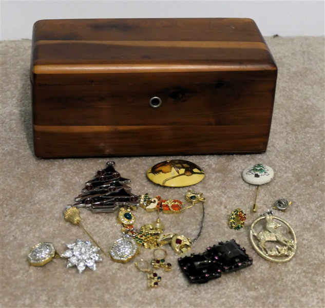 Lane Cedar Jewelry Box with Vintage Costume Jewelry including Sarah Coventry, Hummel, Rhinestones, and Holiday - Lane Box From Covington Hardware and Furn .Co.