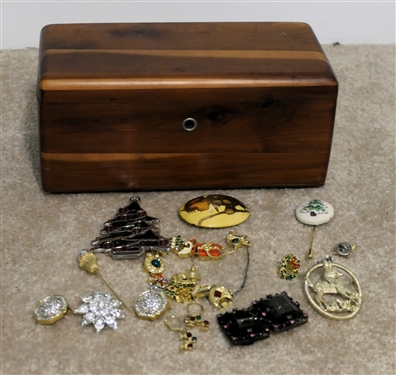 Lane Cedar Jewelry Box with Vintage Costume Jewelry including Sarah Coventry, Hummel, Rhinestones, and Holiday - Lane Box From Covington Hardware and Furn .Co.