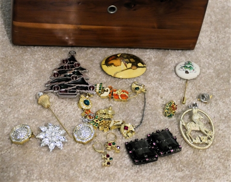 Lane Cedar Jewelry Box with Vintage Costume Jewelry including Sarah Coventry, Hummel, Rhinestones, and Holiday - Lane Box From Covington Hardware and Furn .Co.
