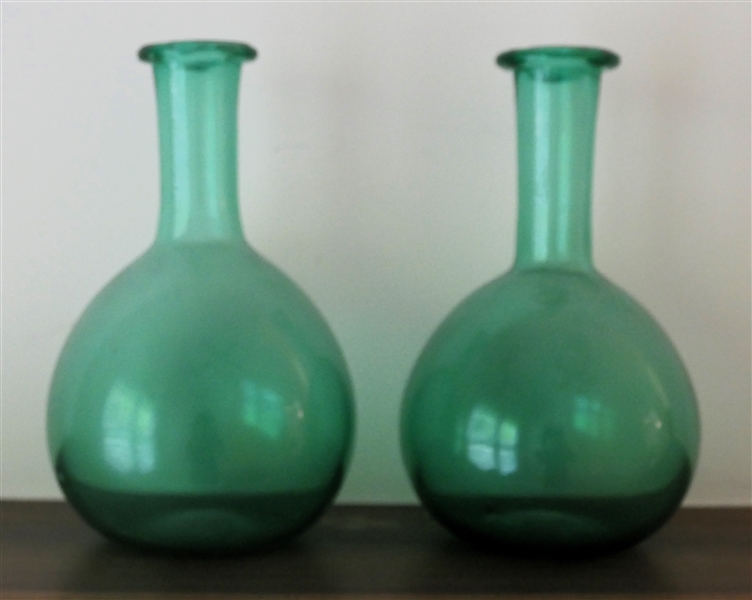 Pair of Green Blown Glass Bottles - Broken Pontil with Applied Top - Each Measures 9" Tall 