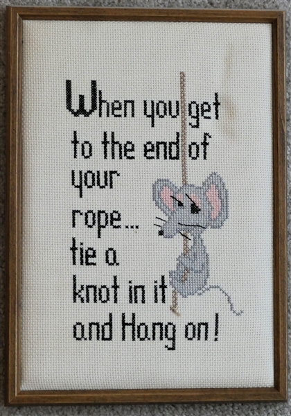 "When you get to the end of your rope…. Tie a knot in it and Hang On!" Hand Stitched Needlework - Framed - Frame Measures 14" By 10" 