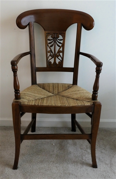 Sturdy Rush Bottom Arm Chair with Carved Back - Unusually Dowelled Arms - Good Rush Seat Bottom 