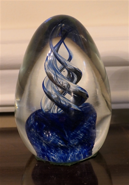 Large Blue Swirled Egg Shaped Art Glass Paperweight - Measures 5 1/4" Tall 