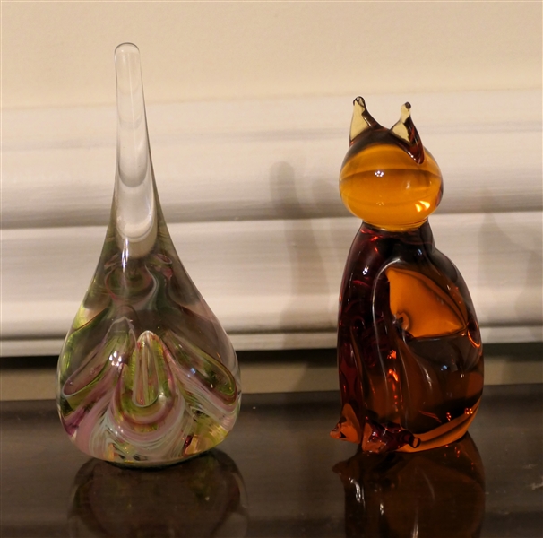 V. Nason & C - Murano, Italy Art Glass Cat and Art Glass Teardrop Shaped Paperweight - Murano Cat Measures 4" Tall 