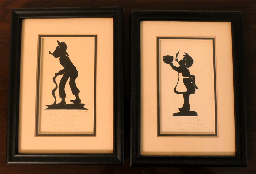 2 - Clay Rice - Pawleys Island - Silhouettes - Artist Signed Framed and Matted with Poems on Each - Frames Measure 7 5/8" by 5 1/2"