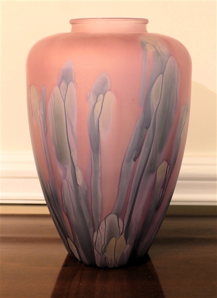 Large Satin Art Glass Vase - Mauve, Blue, and Green - Measures 13" tall 