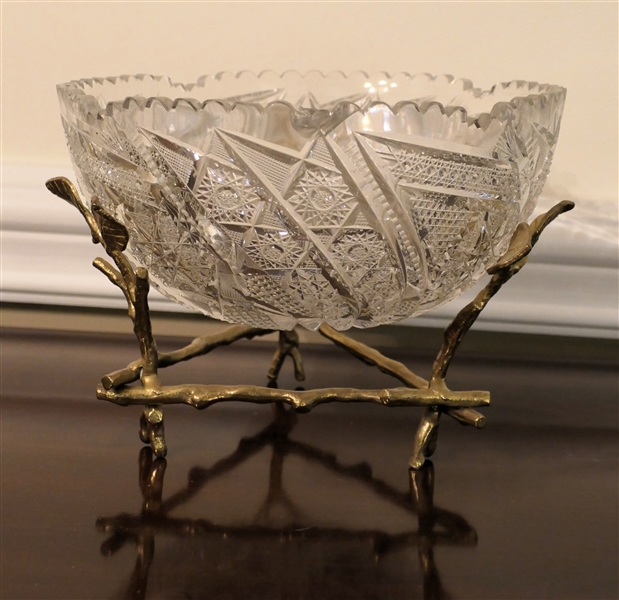 Beautiful Cut Glass Bowl in Nice Floral Brass Stand - Bowl Measures 7" Tall (In Stand) 9" Across