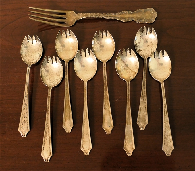 8 - International Sterling Silver Ice Cream Forks and 1 Sterling Silver Fork with "W" Monogram - Ice Cream Forks Measure 5 /4"