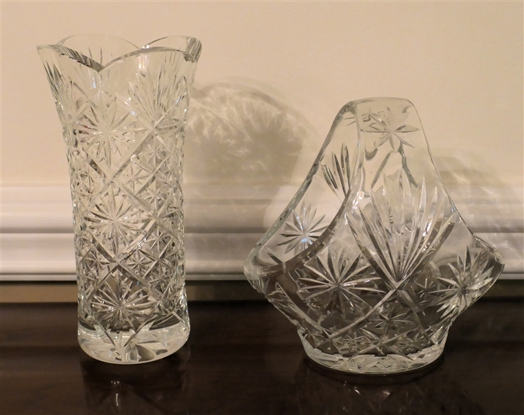 2 Pieces of Block Crystal - Basket and Vase - Vase Measures 9" tall Basket Measures 8" Tall 