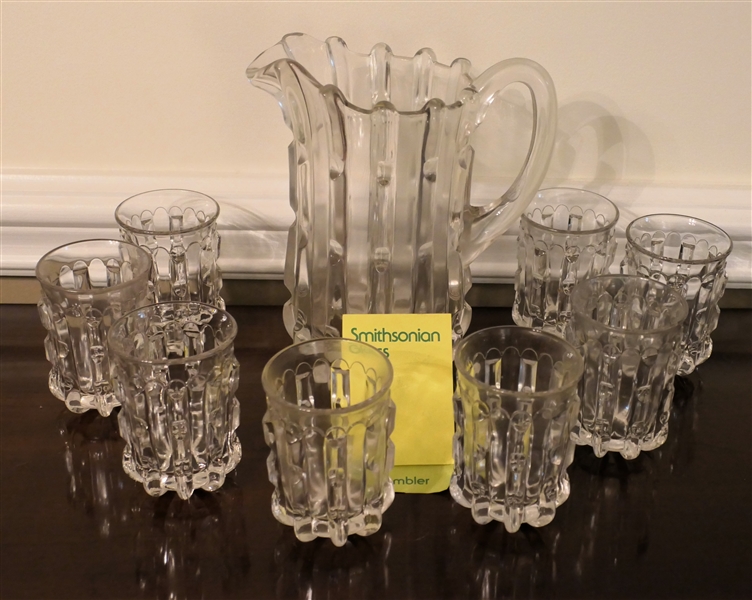 Smithsonian Glass By Imperial "Broken Column" Pattern Pitcher and 8 Tumbler Set - Pitcher Measures 9" tall  - With Information Paper