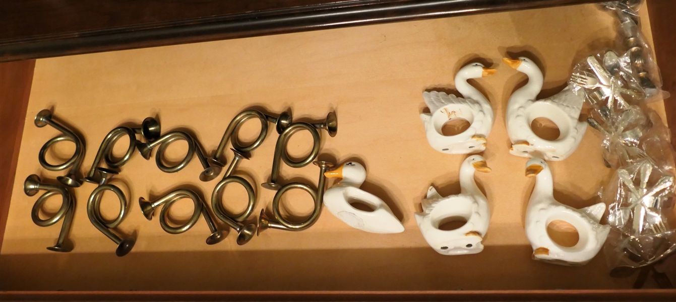 Collection of Vintage Table Décor including Napkin Rings - Ducks, Brass Horns, and Utensils, and Duck Salt and Pepper Set