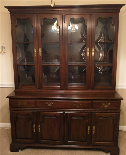 Fine Ethan Allen Mahogany Finish China Hutch - Glass Door Upper Cabinet Over Bottom with 3 Drawers Over Blind Door Cabinets with Shelves - Felt Lined Silver Drawer - Overall Measures 78 1/2" tall...