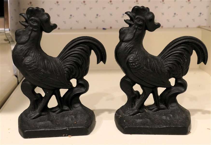 Pair of Cast Iron Rooster Bookends - Roosters Measure 7" Tall 