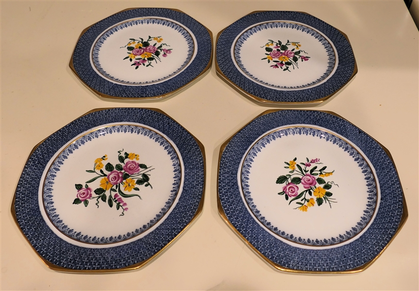 4 - Wedgwood - Etruria England - Octagon Shaped Plates with Blue Boarder and Floral Centers - Each Measures 8"