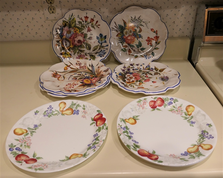 5 Made in Italy Plastic / Melamine Floral Plates and 3 Corelle Fruit Trimmed Plates - Italian Plates Measure 10 1/2" Across