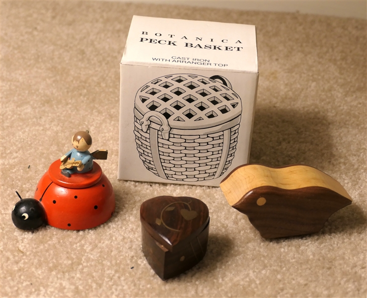 Cast Iron "Peck Basket" with Flower Arranger Top, Woodcraft - Highland NC Stamp Holder Bird, Wood Heart Ring Box with Brass Inlay, and Handpainted Lady Bug Trinket Box with Angel Musician - Broken...