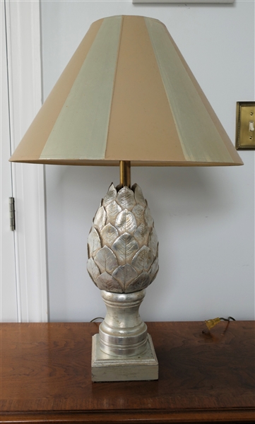 Silver Leaf Table Lamp with Striped Shade - Ashford Ontario Label on Bottom - Lamp Measures 30" Tall - Lamp Needs to Be Tightened 