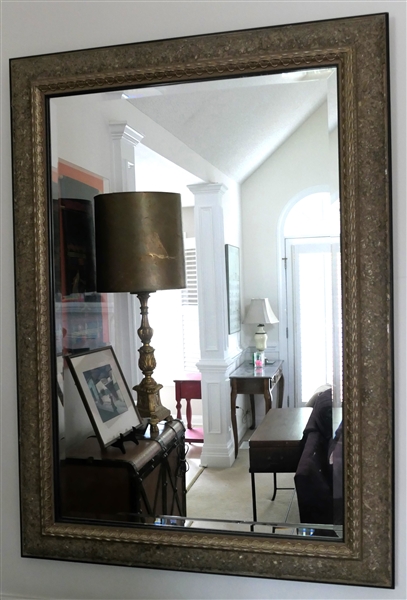 Unusual Gold Framed Beveled Mirror - Antiqued Gold Finished Frame - Frame Measures 43" by 31" 